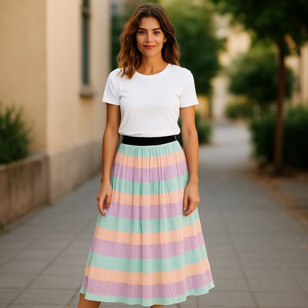 Unique Vintage Pleated Midi‎ Skirt Pastel Striped Stretch Waist L